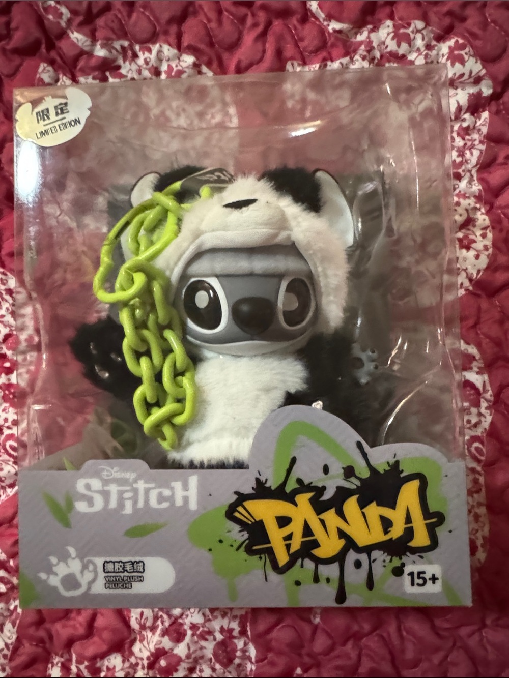 Disney Stitch Panda Plush Keychain - Black, White & Lime
